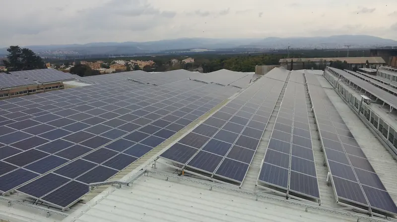 File di moduli fotovoltaici su una copertura industriale
